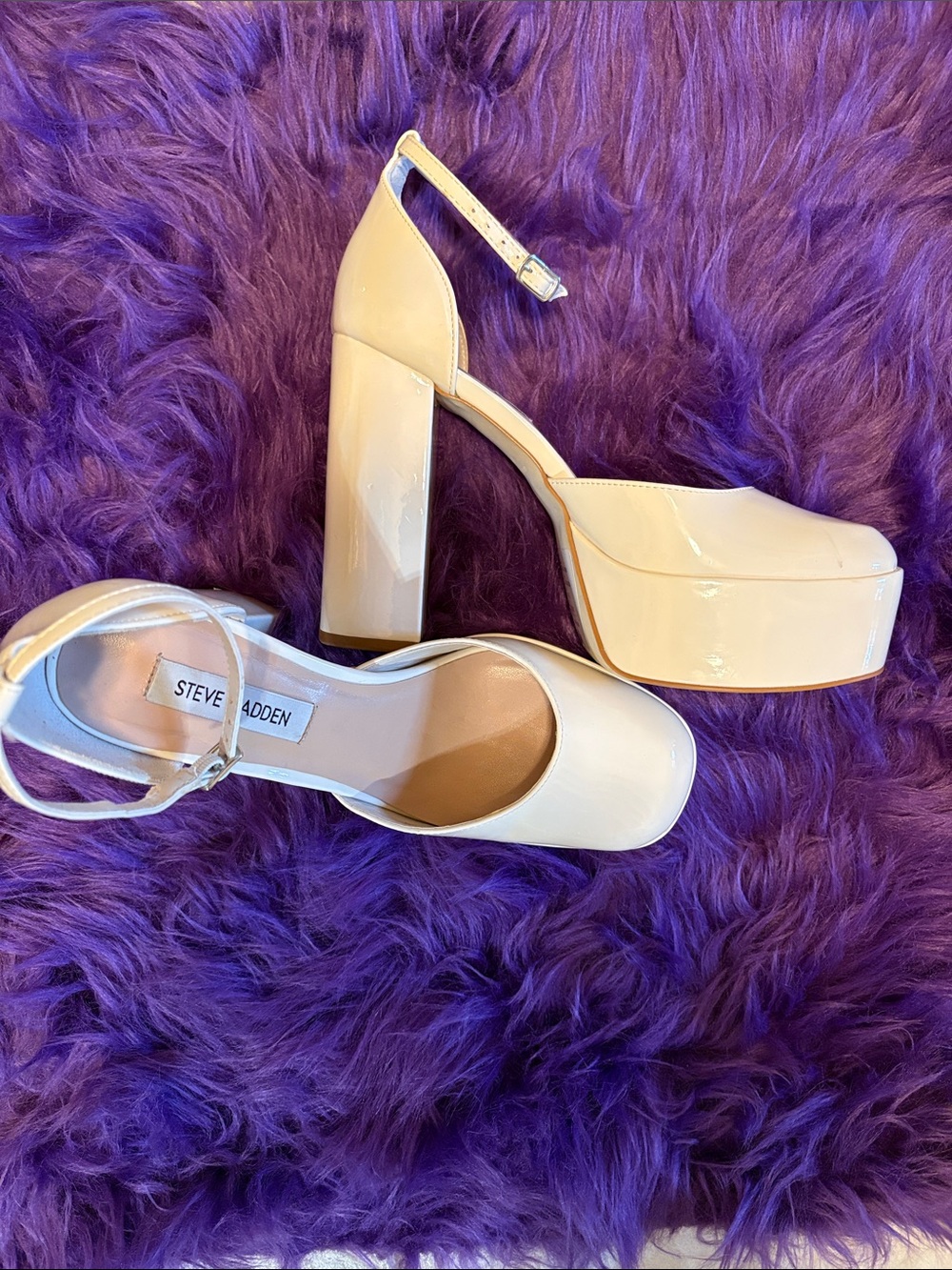 Steve Madden Cream Patent Platform Ankle-Strap Pumps